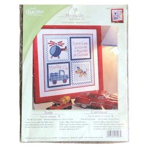 New Plaid Bucilla Moving On Birth Record Counted Cross Stitch Kit Made in USA